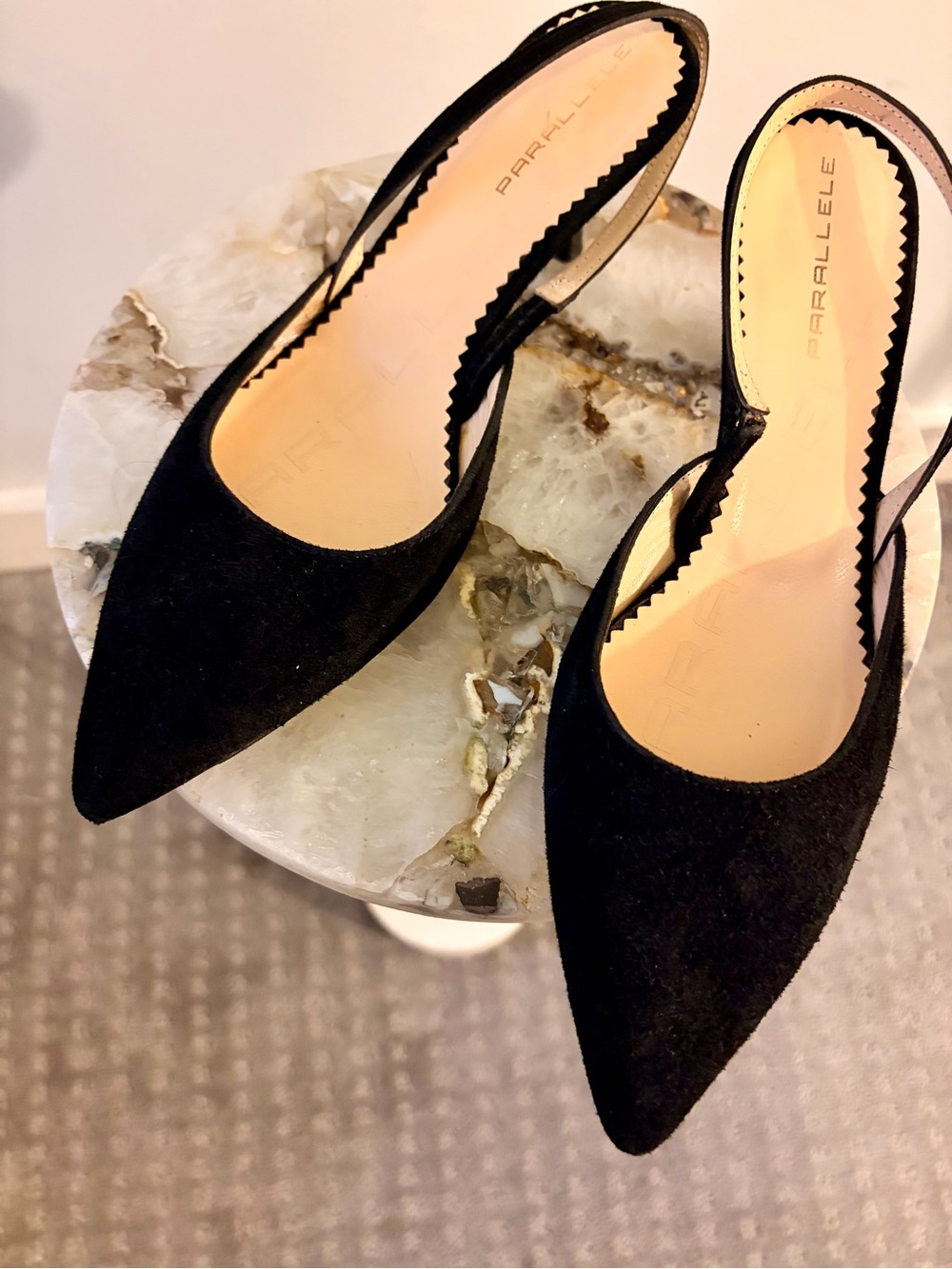 Parallele Paris Black Suede Pointed Slingback Kitten Heels